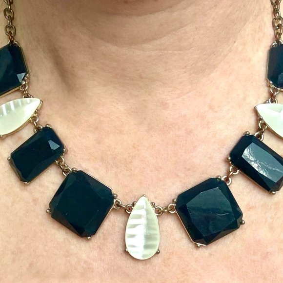 Navy Pearl White Statement Chunky Bib Jewel Necklace Ann Taylor - Picture 1 of 3